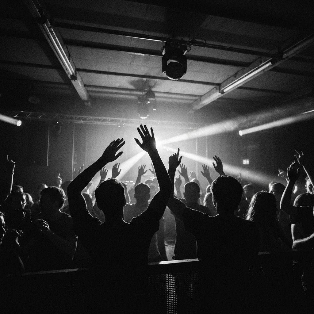 Hands raised in the darkness of the club